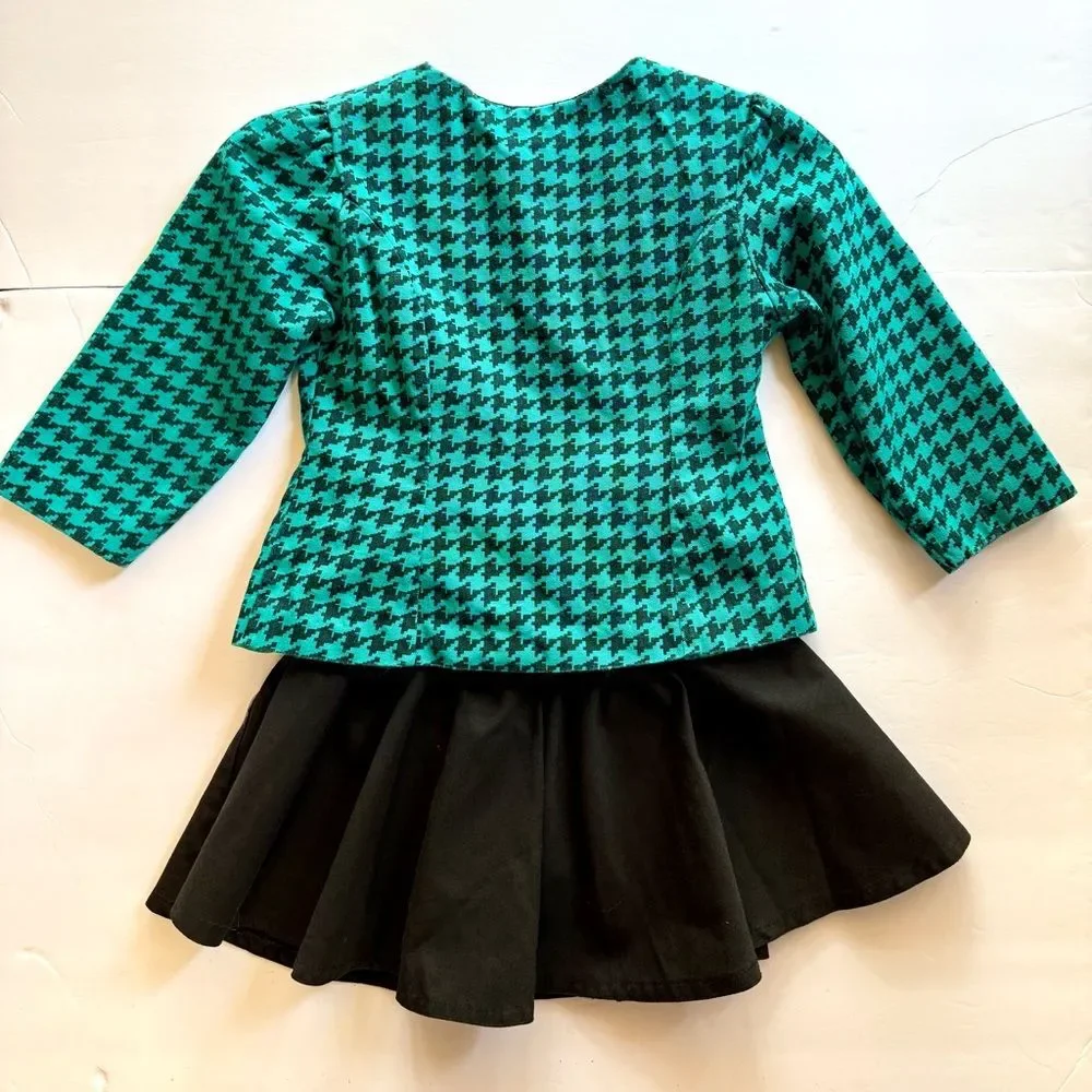 Vintage 90s Nannette Girls' Teal and Black Houndstooth Jacket and Skirt Set